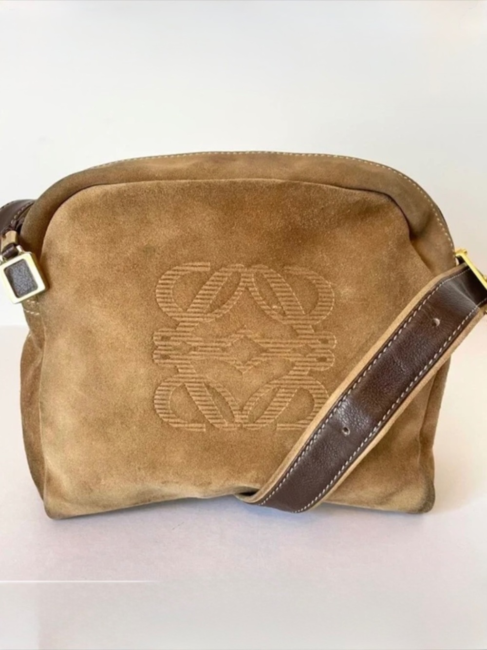 Loewe Vintage Anagram Brown Suede Leather Shoulder Bag